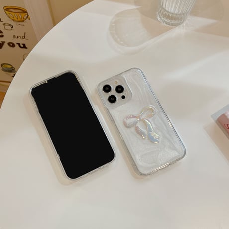 立体リボン iPhone15プロ/15カバー ホワイト アイフォン14pro/13promax/12ケース きれい 女子力アップ[M4315]