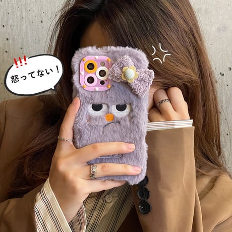 怒っている顔  iphone14/14proケース  紫色 リボン付アイフォン13/12/11カバー 可愛すぎ ギフトにおすすめ[M2320]