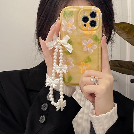 油絵 iphone13/12proケース 真珠ストラップ付  iphone11/XSカバー 頑丈 可愛い花柄 高級感  綺麗 [M1831]