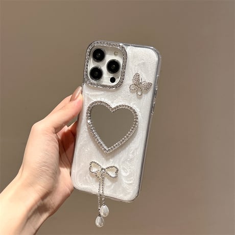 ジュエリーリボンフリンジ iPhone17/16proケース ハート型ミラー iPhone15pro/14/SEカバー  蝶 ストラップ[M5608]