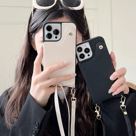 カード入れ2個 ミラー付iphone14/13proケース レザー製 アイフォン12mini/11カバー 長いストラップ付 スタンド機能あり[M2146]