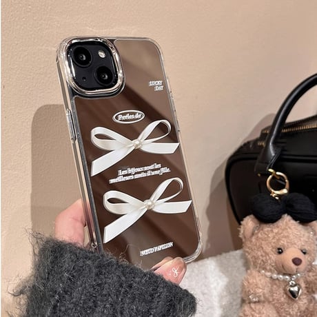 鏡 リボン柄 iphone15/14proケース  キラキラ  iphone13/12/11カバー  可愛い  便利 頑丈[M3823]