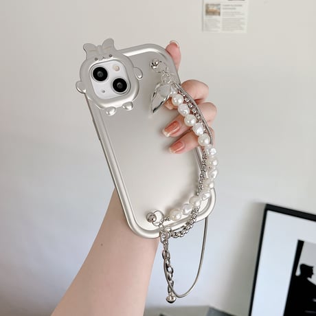 リボンカメラレンズ iphone13/14ケース  真珠ストラップ付 アイフォン12/11カバー  シルバーカラー 可愛すぎ  お洒落[M2130]