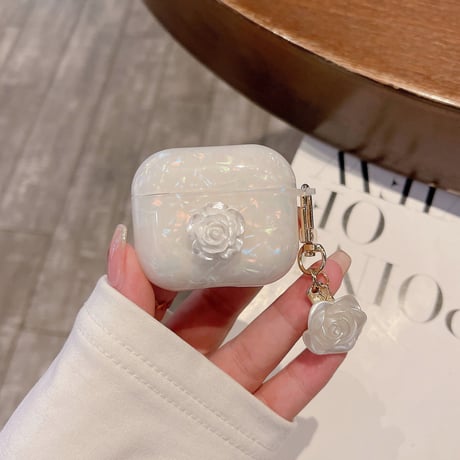 【Airpods4】ツバキの花  Airpods Pro2ケース 貝殻紋  airpods3カバー  アクセサリー付き  お洒落 ガールズに人気 [M2521]