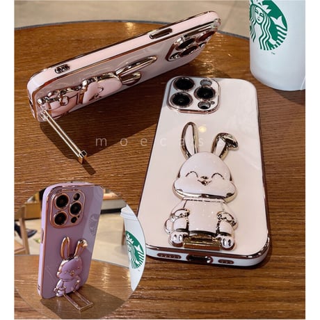 ウサギリングスタンド iphone14/15proケース  メッキ アイフォン13mini/12proカバー お洒落 多機能 便利ファッション[M2682]