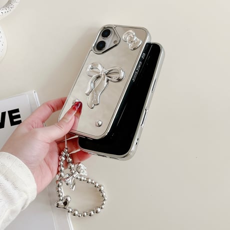 リボン ミラーiPhone16/16proカバー ストラップ付 iPhone15pro/14/13promaxケース かわいい メイク直し 女子力UP [M5088]