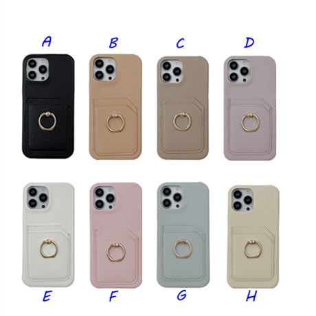 カード入れ2個 アイフォン14pro/14plusカバー リング付き iPhone13mini/12/11proケース レザー製 ハードケース  シンプル 実用 [M2545]