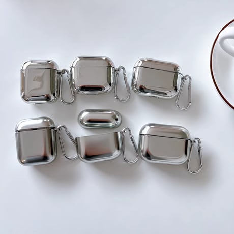 メッキ Airpods 4ケース 光沢感 カラビナ付 Airpods3/2カバー AirpodsPro2/Pro1  シルバー 高級感[M4802]