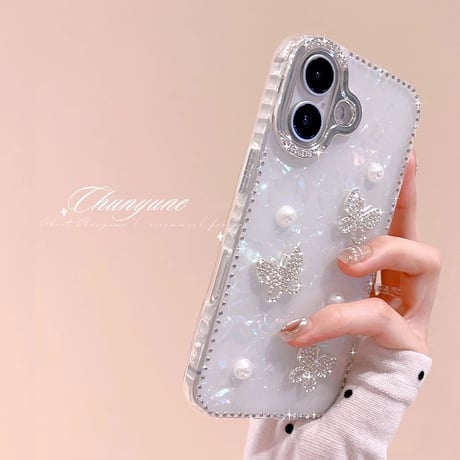 シェル柄 iPhone16pro/16カバー ジュエリー蝶/パールデコ iPhone15pro/14promax/13ケース 上品 大人可愛い エレガント [M5351]