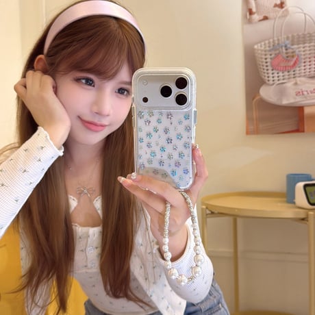 キラキラ花 iPhone17pro/17ケース ラメ入り iPhone16/15proケース 可愛いパールストラップ 女子力高い[M6160]