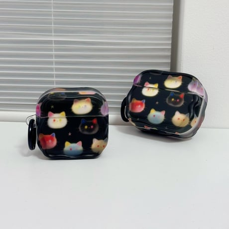 ネコちゃん AirpodsPro3ケース ブラック Airpods4/3カバー AirpodsPro第2/1世代  リングも付き かわいい[M6532]