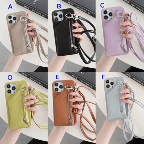 小銭入れ付 iPhone14/15proケース 革 ストラップ付 iPhone13mini/12/11カバー 高品質 12色 小銭/カード/口紅/お札など収納可[M3199]