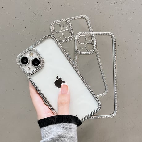 ジュエリー枠 iphone14pro/14plusケース  花のカメラレンズ iphone13/12/11カバー シルバーカラー枠クリアケース[M2331]