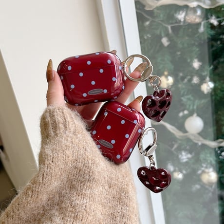 ワインレッド Airpods 4ケース 水玉模様 ハートキーホルダー Airpodspro2/proカバー Airpods第3/2世代 かわいい 女子力高い[M5069]