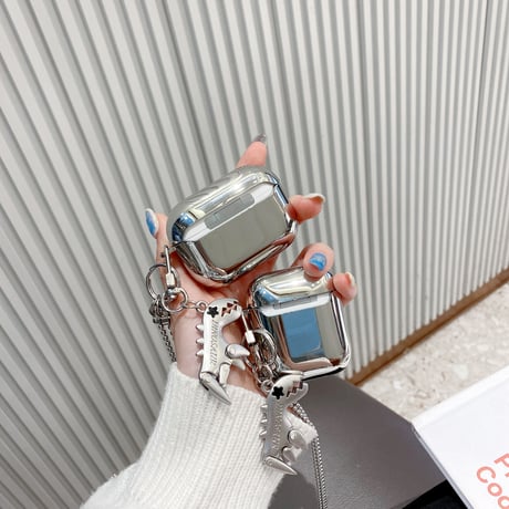 【Airpods 4】銀色 恐竜  airpodspro2/1ケース  dinosaur キーホルダー airpodsカバー チェーン付き 紐掛け 頑丈ツヤあるM395