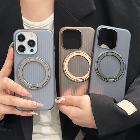 滑り止め/指紋防止 iPhone16/16proケース MagSafeリング スタンド 薄型軽量 iPhone15pro/14promax 半透明 高級感 [M4696]