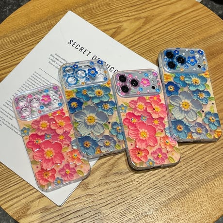 油絵花 iPhone17Pro/17ケース ストーンライン iPhone16Pro/15/14ケース 光沢感 可愛い 美しい[M6207]