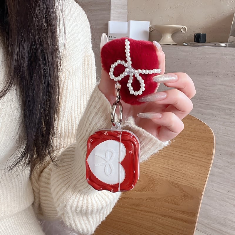 ハート形とリボン柄 AirPods Pro 3ケース ワインレッド 毛玉