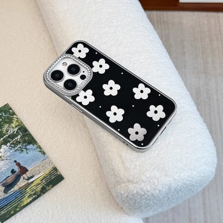 鏡付花 iPhone16pro/16ケース ジュエリー リボンチャーム iphone15pro/14/13proカバー 大人可愛い 女子力高い[M5188]