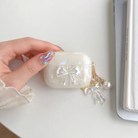 【Airpods 4】キラキラリボン AirpodsPro2ケース 貝殻紋 airpods3/2/1ケース  オシャレリボンアクセサリー付 ソフト ギフトに最適 [M2676]