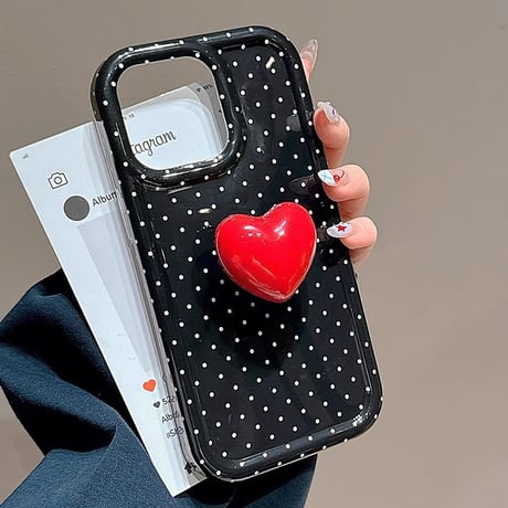 水玉模様 iphone16/16proケース  ハートグリップ iphone15pro/14/13proケース かわいい 韓国風 便利性ある[M5066]