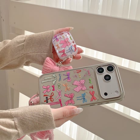 ボタンミラー iPhone17Pro/17ケース ふもふもストラップ iPhone17ProMax/16Proケース  秋冬ファッション 可愛すぎ[M5759]