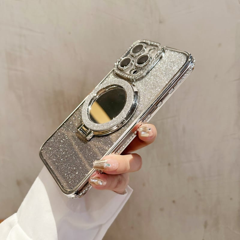 鏡付Magsafeリングスタンド iPhone16/15Proケース ストーン