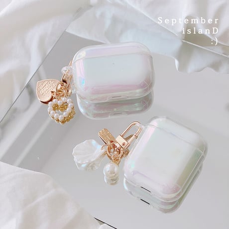 airpods3ケース  オーロラ色 キラキラ airpodsproカバー  真珠アクセサリー付き 女子力アップ  綺麗 オシャレ 艶ありM1380