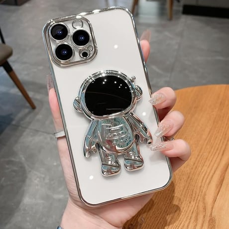 宇宙飛行士スタンド iphone14plus/14promaxケース  メッキ クリアアイフォン13/12/11proカバー カッコイイ 可愛い 実用[M2235]