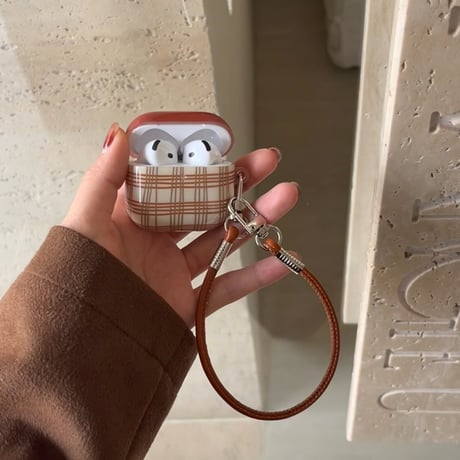 チェック柄 Airpods 4ケース レザーストラップ付 Airpodspro2/proカバー Airpods3/2 シック おしゃれ ギフトにおすすめ[M4869]