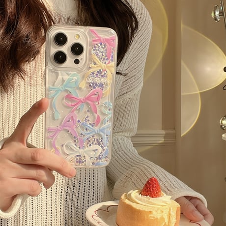 動くダイヤ iPhone15/15proケース リボン柄 iPhone14/13pro/12クリアケース かわいい女子力アップ[M4506]