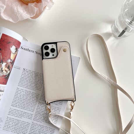 カード入れ2個 ミラー付iphone14/13proケース レザー製 アイフォン12mini/11カバー 長いストラップ付 スタンド機能あり[M2146]