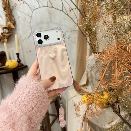 上品ハート iPhone17/17proケース キラキラピンク iPhone17promax/16/15Proカバー 光る オシャレ ハートキーホルダー[M5860]