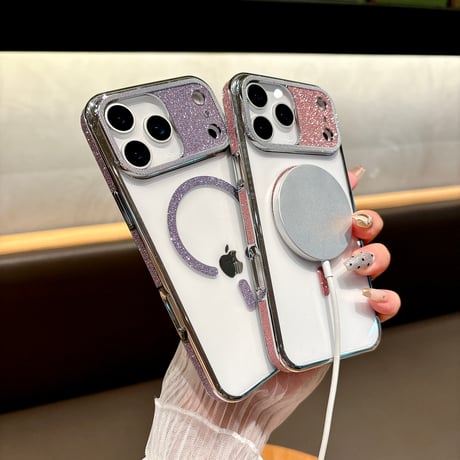 キラキラカメラ枠 iPhone17/17Proケース MagSafe対応 ラメライン iPhone17ProMax/Airケース 耐衝撃 高級感 [M5730]