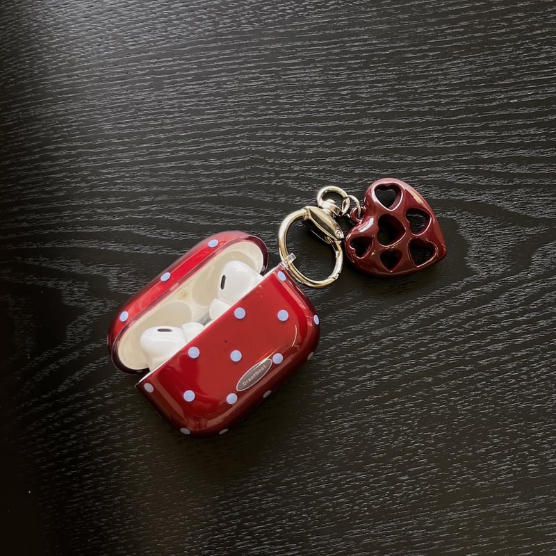 ワインレッド Airpods 4ケース 水玉模様 ハートキーホルダー