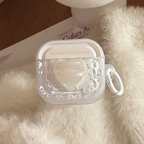シェル風ハート Airpods Pro3ケース リボン柄 Airpods 4/3カバーケース AirpodsPro2/1  キラキラ感 オシャレホワイト [M6187]