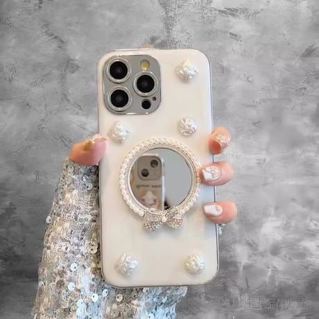 鏡 iPhone15/15proケース パール/宝石 アイフォン14/13pro/12ケース かわいい 女子力高い[M4486]