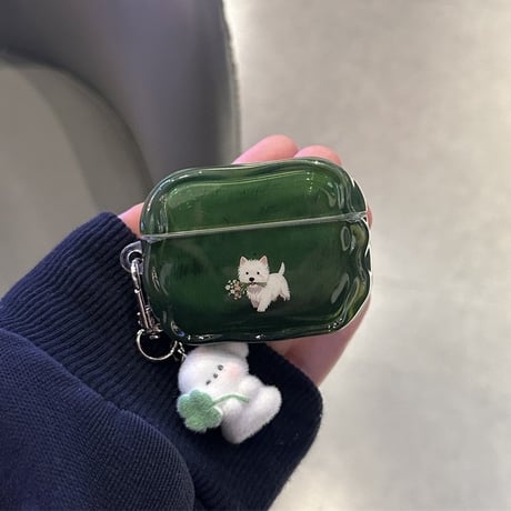 遊ぶ犬ちゃん AirpodsPro3ケース グリーン Airpods4/3カバー pro2/pro1 可愛い リング/キーホルダー付 うねうね 落下防止[M5984]