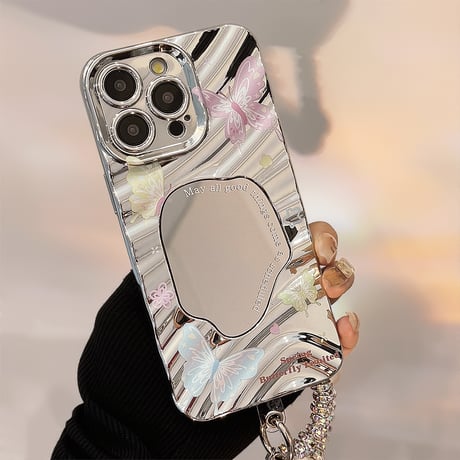 ジュエリーストラップ iPhone15pro/15ケース 鏡付き蝶柄 アイフォン14pro/13promax/12カバー 可愛い 女子力アップ[M4316]