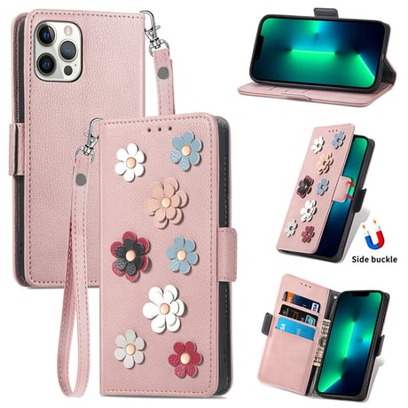 手帳型 iphone14pro/13miniケース 立体花 カード入れ3個 iphone12mini/11promaxカバー お札入れ1個 ストラップ付 可愛い レザー[M2184]
