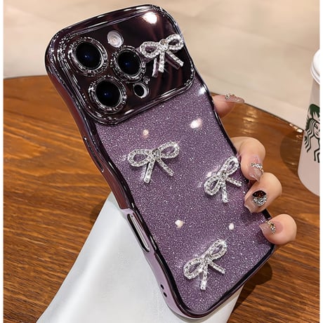 ダイヤリボン iPhone16/16Proケース うねうねライン ラメ iPhone15pro/14/13Promaxカバー 綺麗 艶感[M5515]