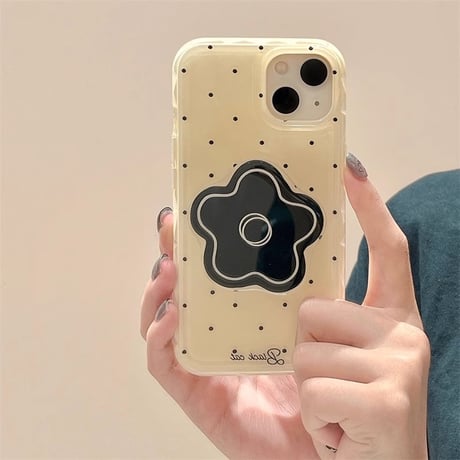 黒花グリップ iPhone15/15proケース 水玉模様 iPhone14/13proカバー かわいい 韓国風[M4512]