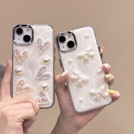 リボン/ハートデコ iPhone15pro/15ケース ホワイト iphone14/13pro/12proカバー  女子力アップ 高級感[M4353]