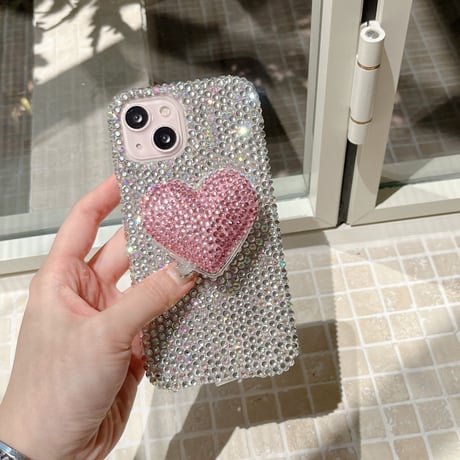 ダイヤ iPhone16/16Proケース  ビジューハートグリップ iPhone15Pro/14/13proカバー 華やか キラキラ 豪華 高品質[M4789]