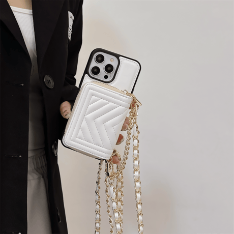 カード/小物入れ付 アイフォン15プロ/15ケース レザー ショルダーチェーン付 iPhone14pro/13/12promaxカバー 高級感 セレブ愛用[M4253]