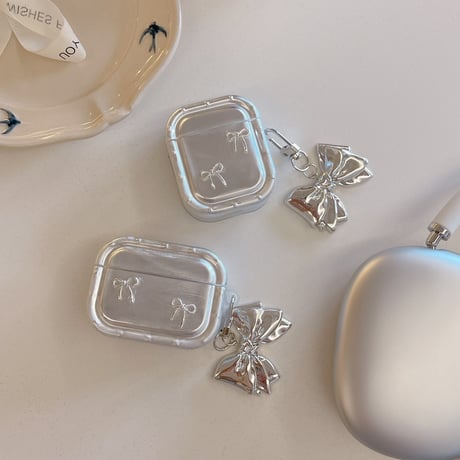 リボン Airpods 4ケース キーチェーン付 AirpodsPro2/Pro1 Airpods3/2カバー シルバー高級感 耐久性ある[M4797]