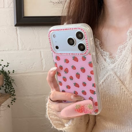 ストロベリー iPhone17pro/17ケース スタンド iPhone16promax/15proケース オシャレ 甘いコーデ 女子力高い[M6142]