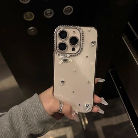 ハートダイヤ/ジュエリー iPhone16pro/16ケース リボン ハンドメイド iPhone15plus/14/13pro/12カバー 大人可愛い[M5244]