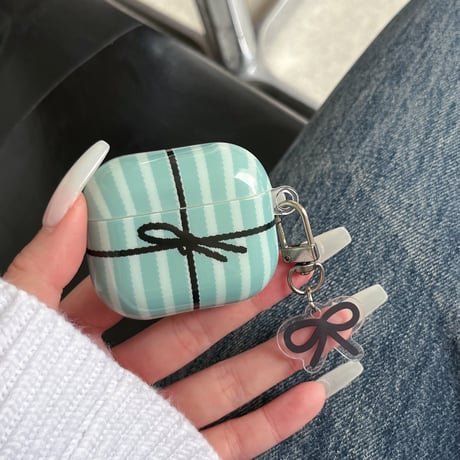 ギフトボックス Airpods Pro3ケース リボンキーホルダー Airpods 4/3カバーケース AirpodsPro2/1  ストライプ柄 [M6168]