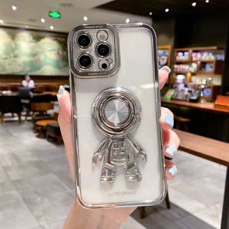 宇宙飛行士リング付 iPhone15/14proケース メッキクリアアイフォン13/12/11proカバー スタンド 便利 艶あり セレブ愛用 [M2637]